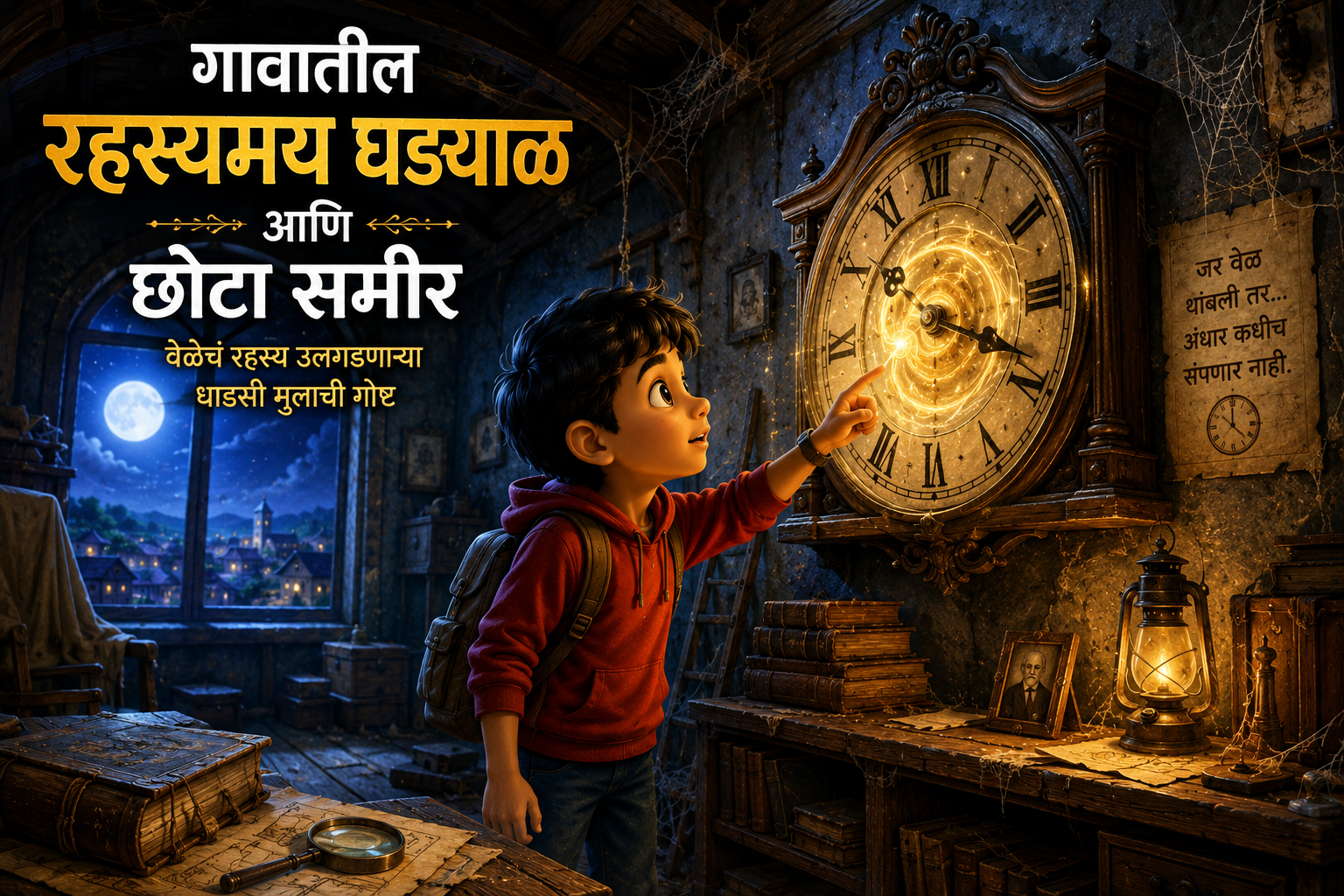 छोटा समीर गावात एक जुने घड्याळ शोधतो आणि त्यातून सुरू होतो एक रहस्यमय प्रवास. ही सुंदर मराठी लहान मुलांची गोष्ट शेवटपर्यंत उत्सुकता टिकवते.